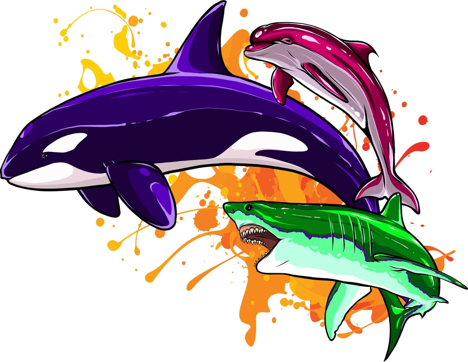 Set of Marine mammals vector illustration. digital hand draw