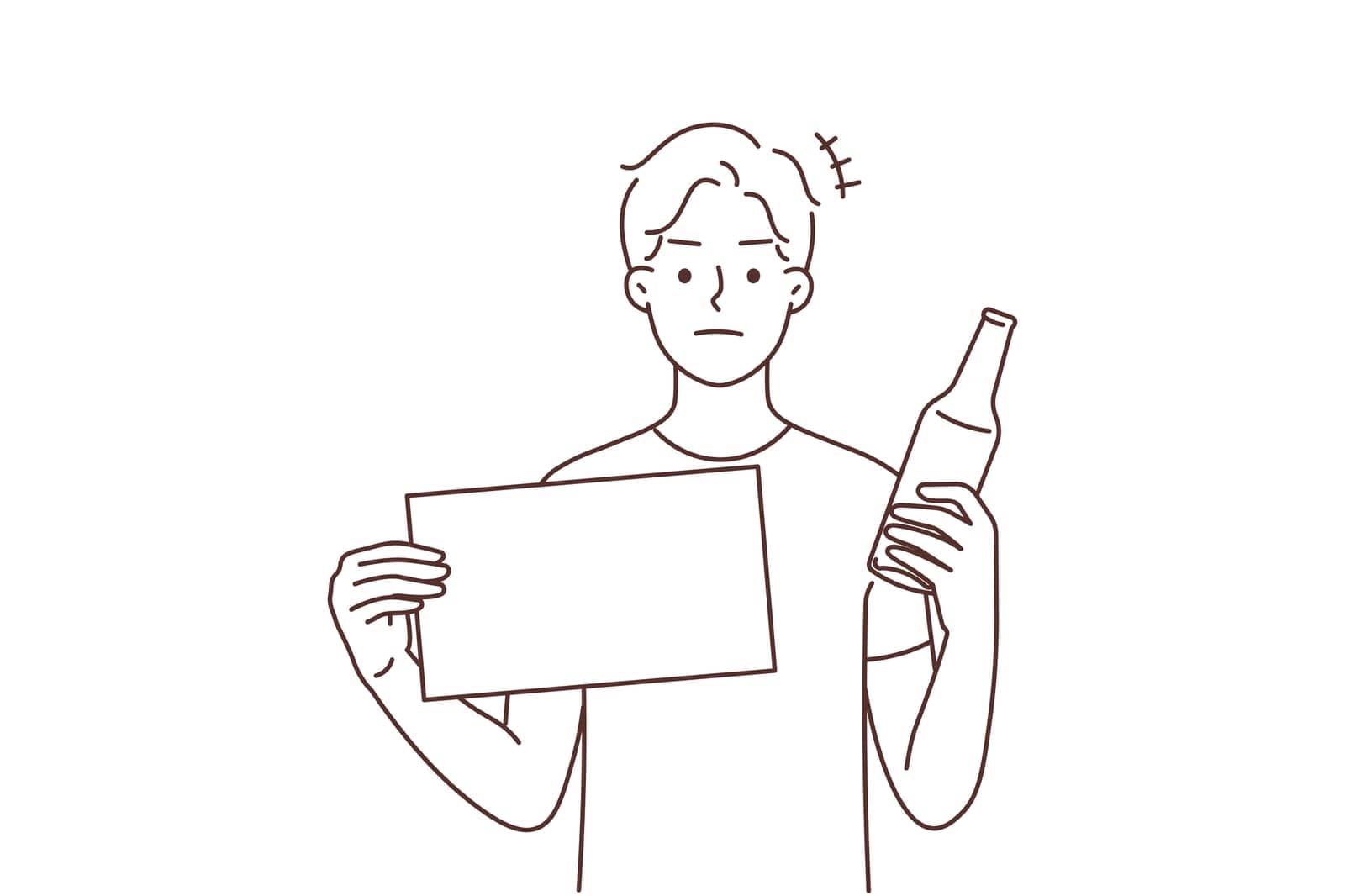 Young man hold bottle and warning sign protest against alcohol consumption. Decisive guy stand against alcoholic addiction and bad habit. Vector illustration.