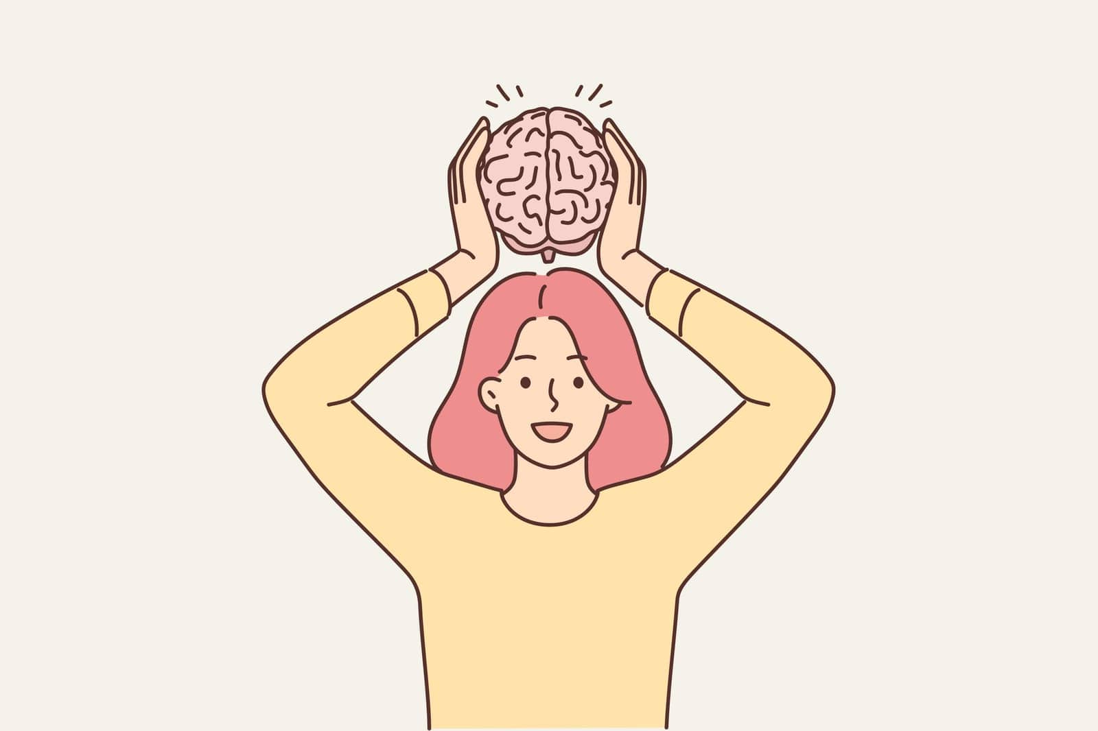 Smiling woman hold brain model in hands. Happy female show intelligence and knowledge. Vector illustration.