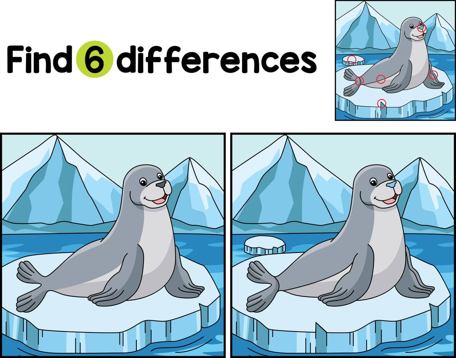 Find or spot the differences on this Seal kids activity page. A funny and educational puzzle-matching game for children.