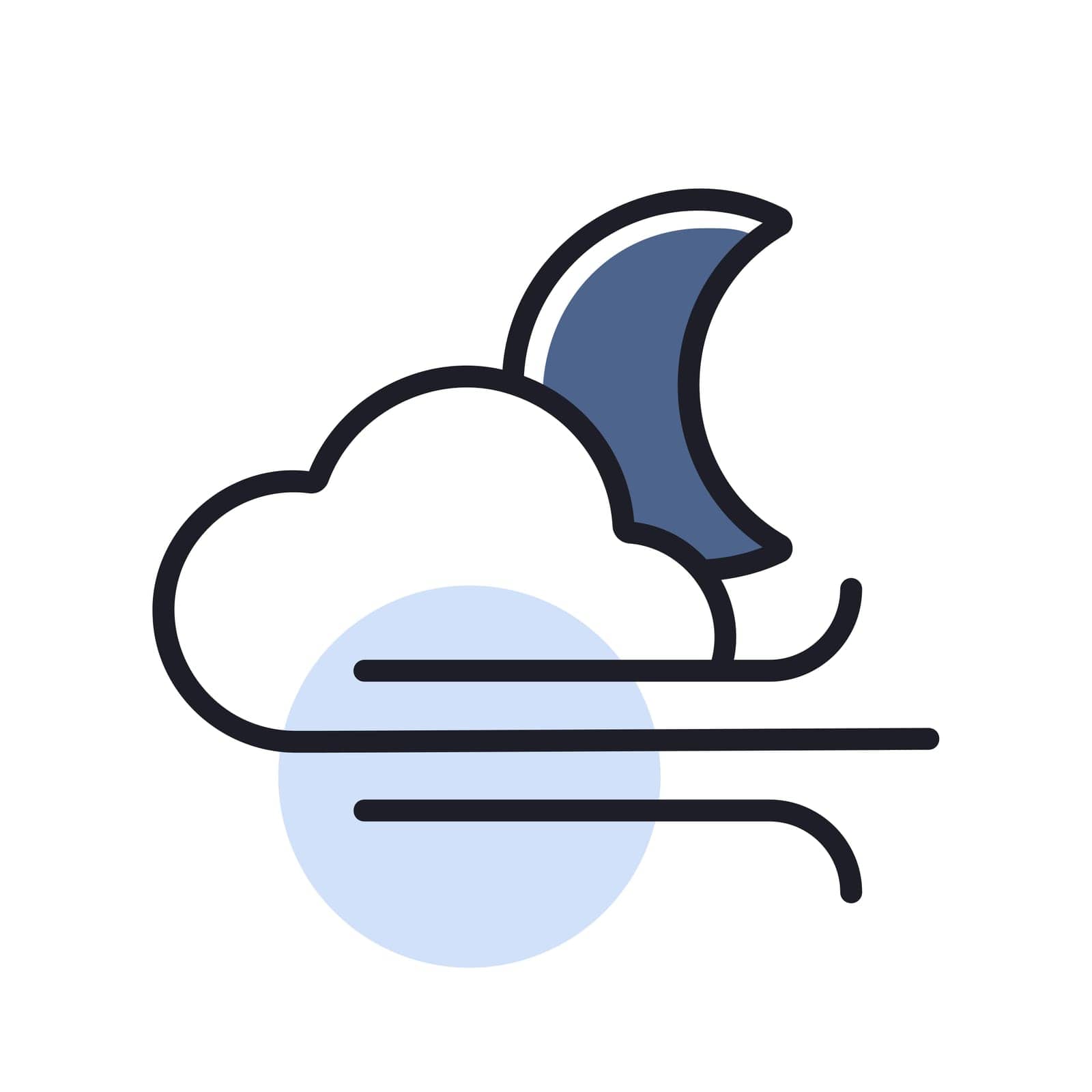 Moon cloudy and wind vector icon. Meteorology sign. Graph symbol for travel, tourism and weather web site and apps design, logo, app, UI