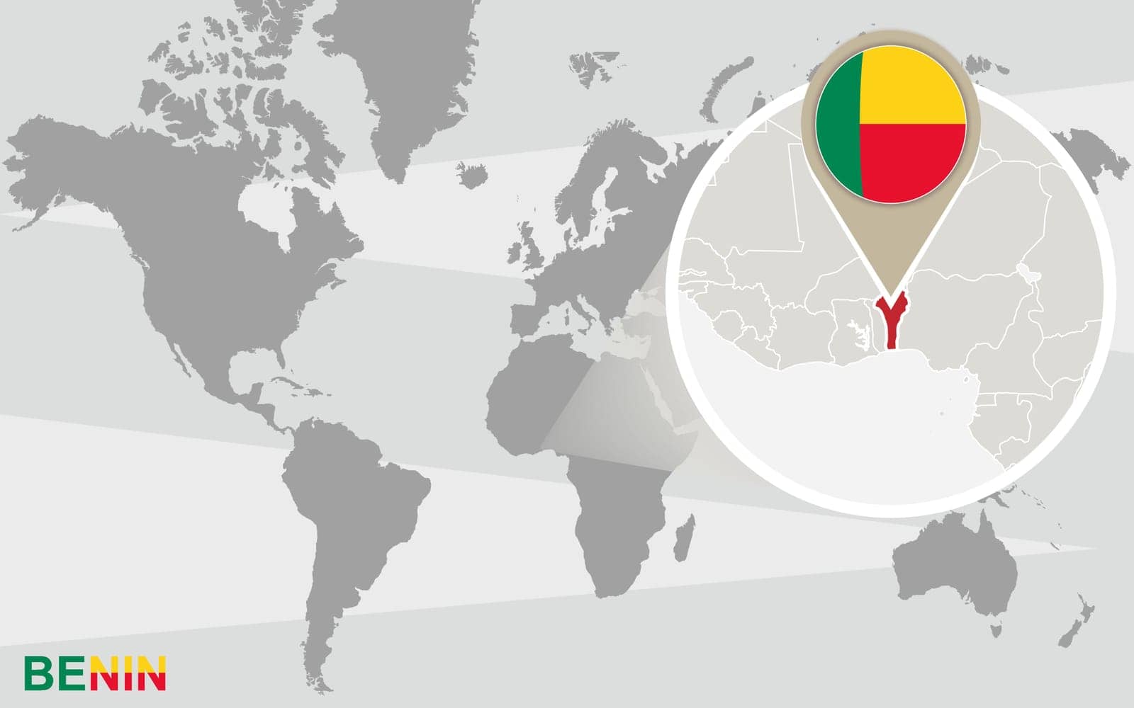 World map with magnified Benin. Benin flag and map.