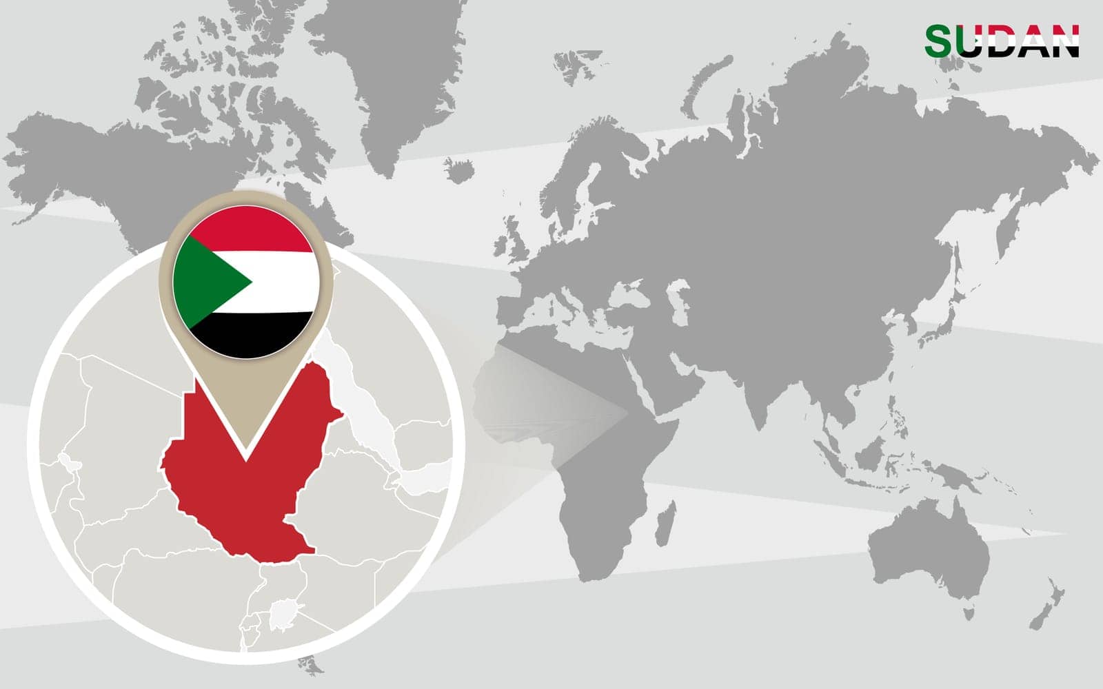 World map with magnified Sudan. Sudan flag and map.