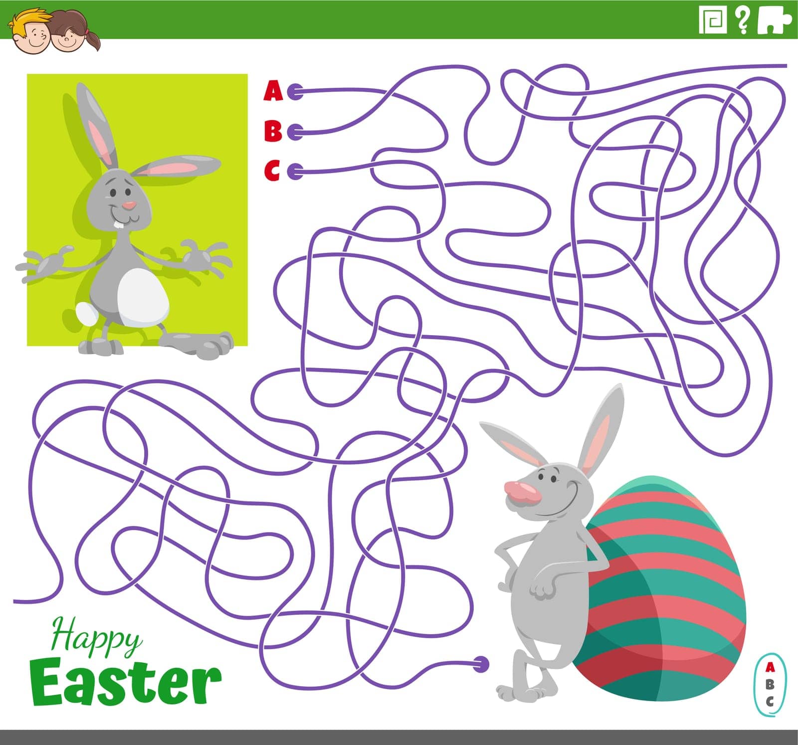 Cartoon illustration of paths maze puzzle game with Easter Bunny hatching from Easter egg