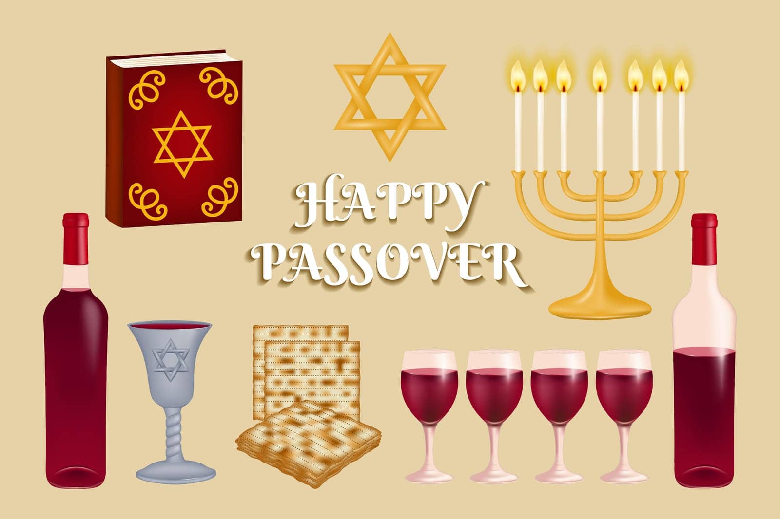 Set features a collection of Jewish symbols for the holiday of Happy Passover. Star of David, matzah, red wine, kiddush cup, haggadah, and hanukkiah menorah. Vector icons set.