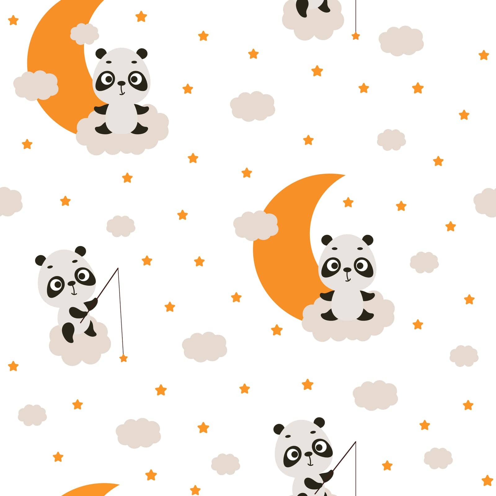 Cute little panda sitting on cloud and fishing star seamless childish pattern. Funny cartoon animal character for fabric, wrapping, textile, wallpaper, apparel. Vector illustration by Melnyk