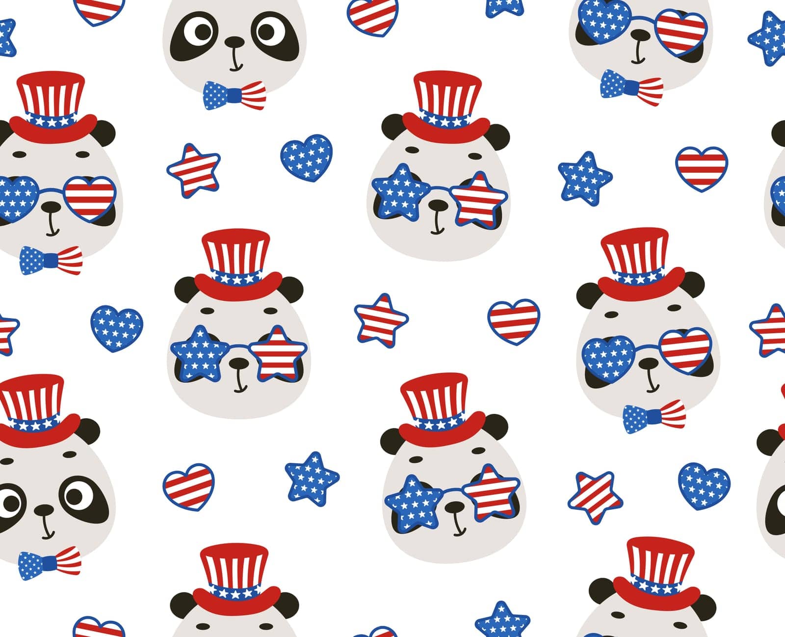 Cute little panda head in USA patriotic hat seamless childish pattern. Funny cartoon animal character for fabric, wrapping, textile, wallpaper, apparel. Vector illustration