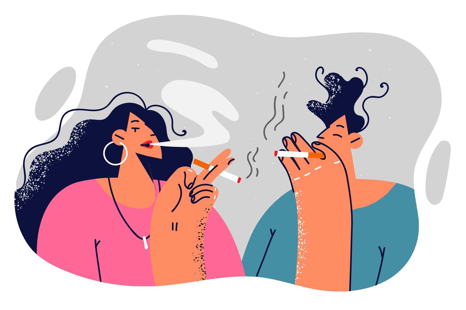Man and woman smoking cigarettes enjoying tobacco smoke and gossiping during work break. Guy and girl who smoke cigarettes spoil their health due to addiction to bad habit that causes cancer