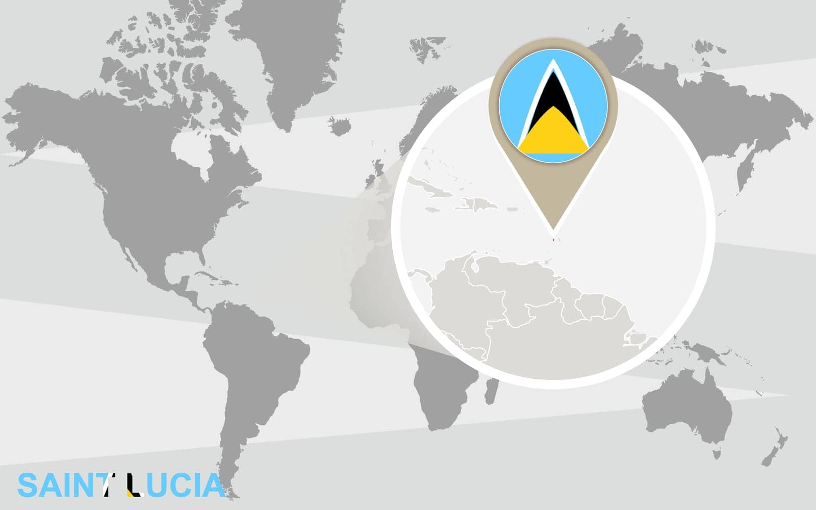 World map with magnified Saint Lucia. Saint Lucia flag and map.