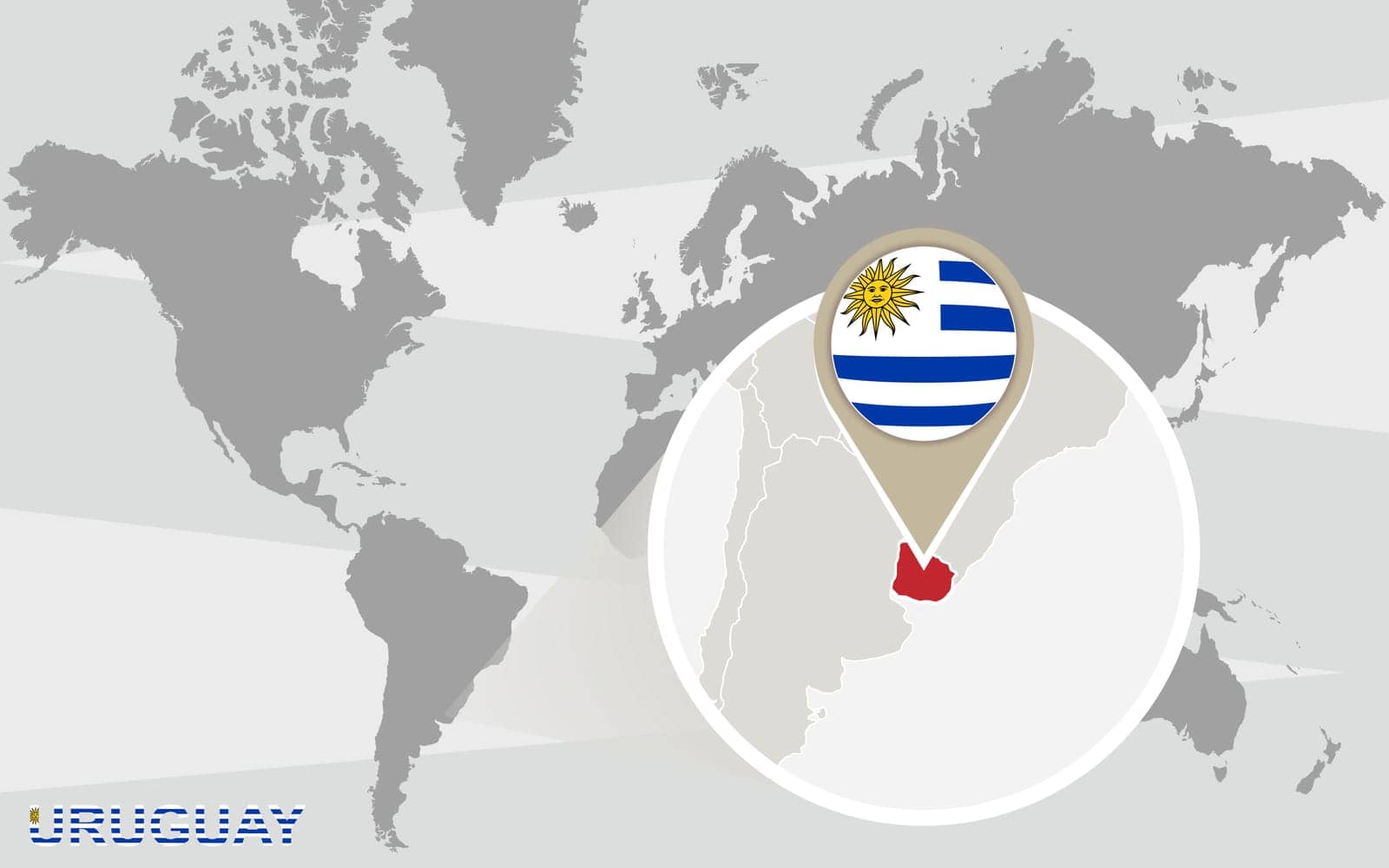 World map with magnified Uruguay. Uruguay flag and map.