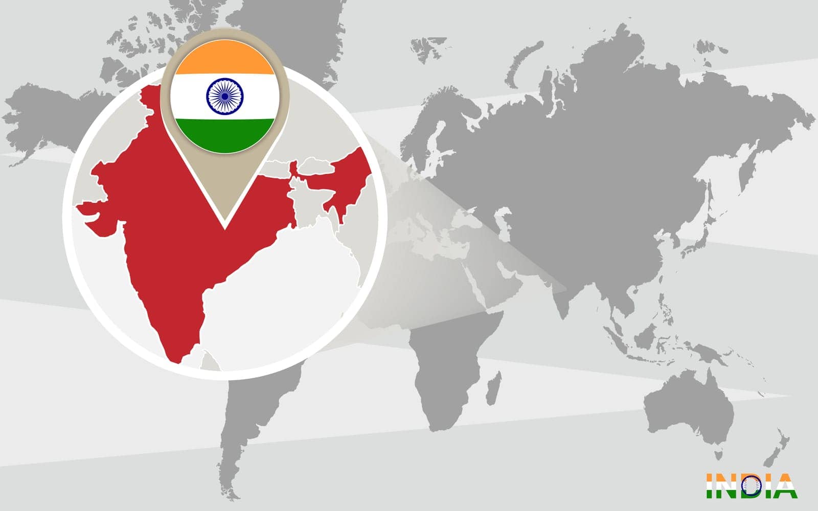 World map with magnified India. India flag and map.