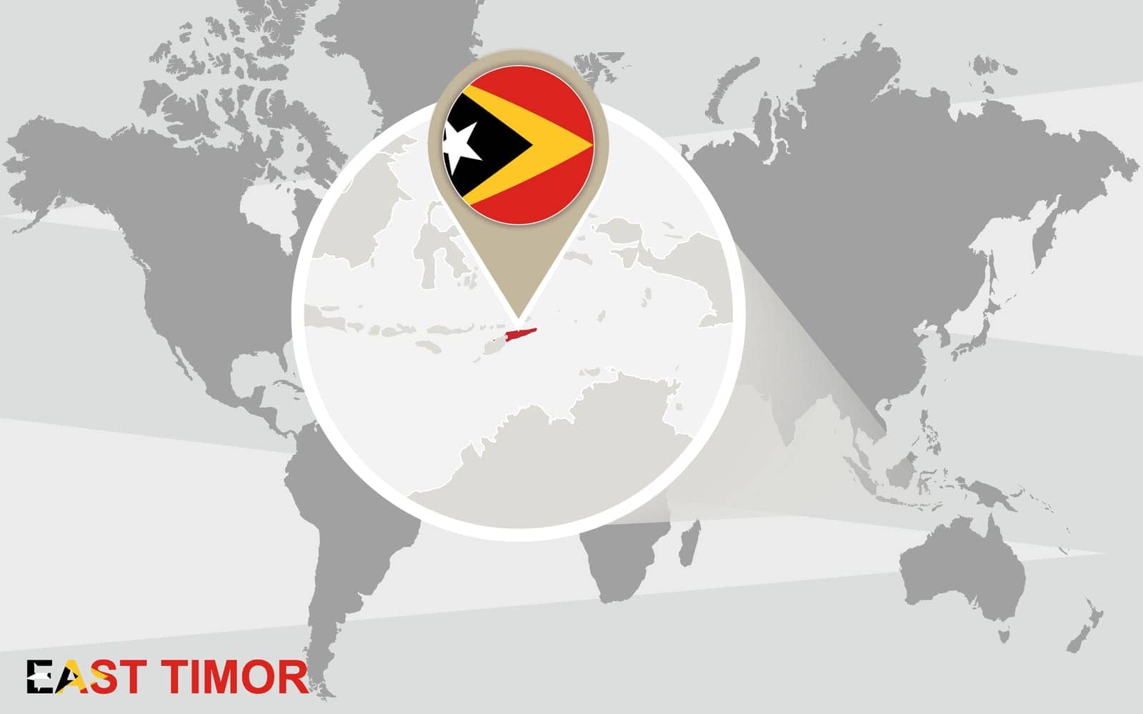 World map with magnified East Timor. East Timor flag and map.