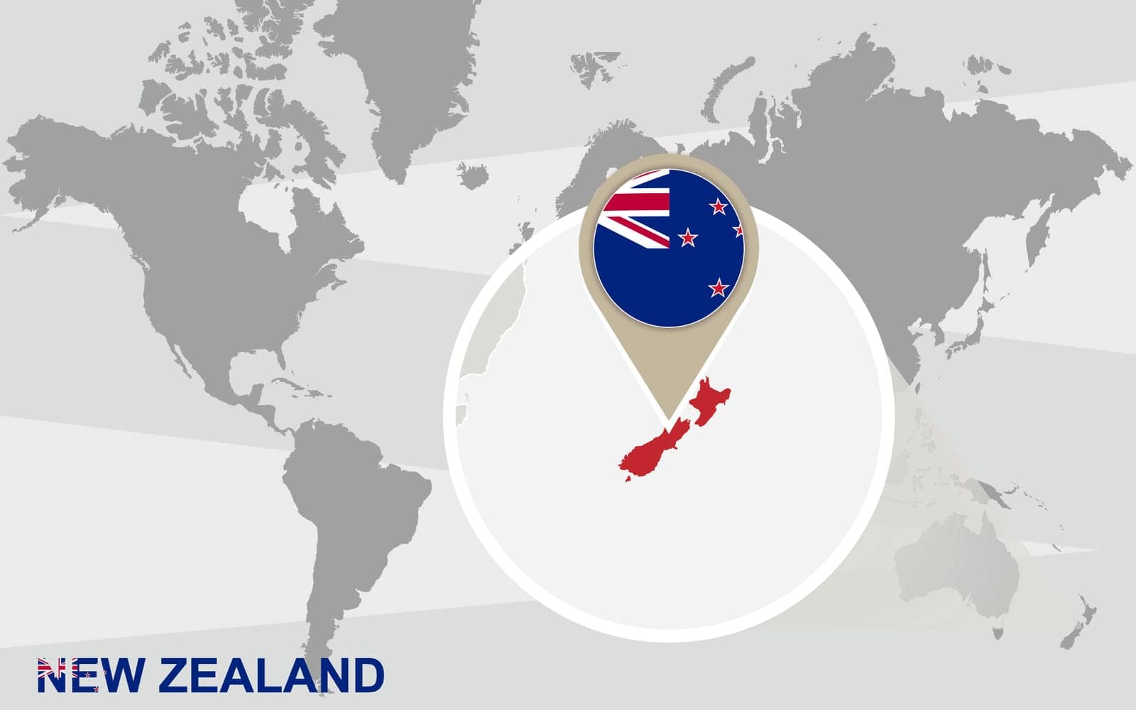 World map with magnified New Zealand. New Zealand flag and map.