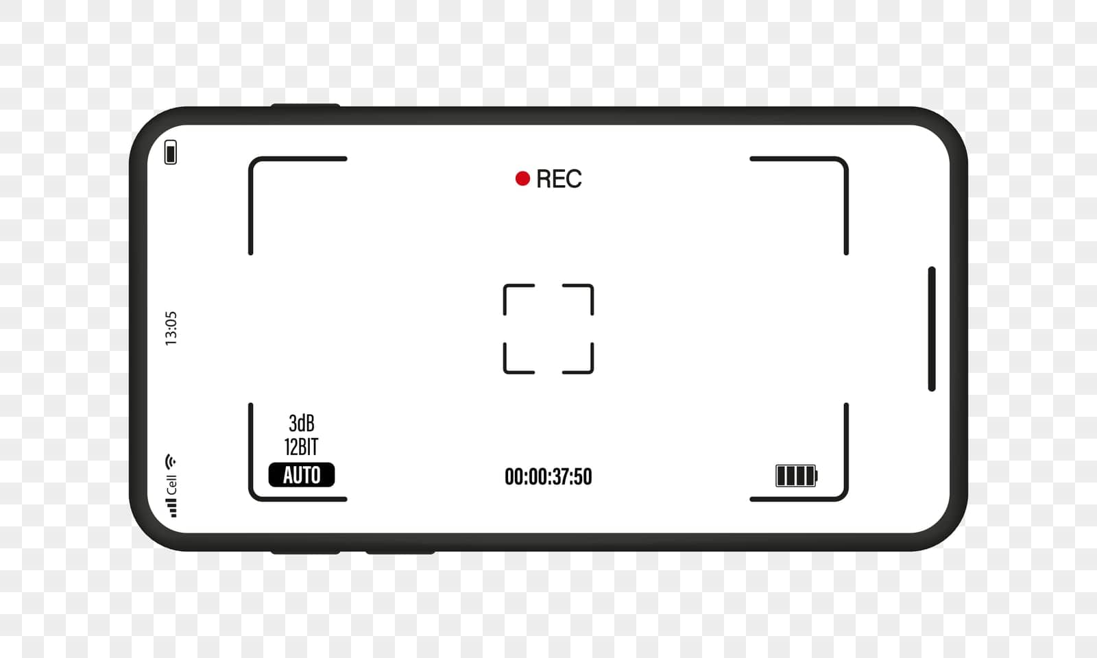 Focus of Camera Viewfinder. Focusing Screen of the Camera on Smartphone. Interface Viewfinder with Digital Camera Settings on Mobile Phone on transparent background. Vector illustration.