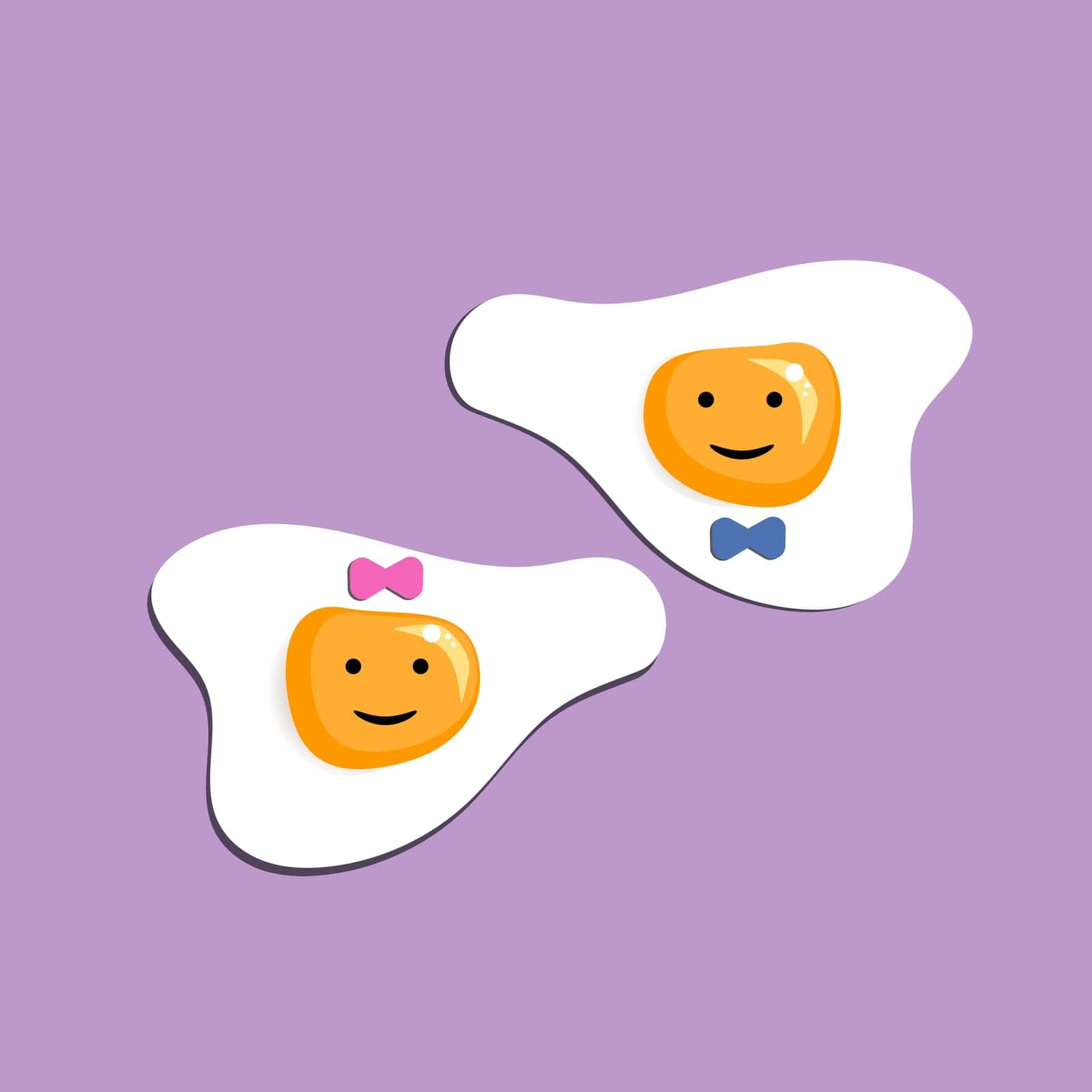 Funny cute fried eggs emoticon face icon like a boy and girl with a bow tie and bow isolated on the purple background. Paper cut-out vector illustration. by okskukuruza