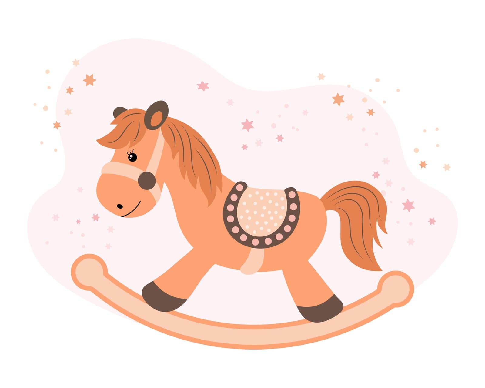 Children's toy rocking horse on a background of stars. Children's card, vector