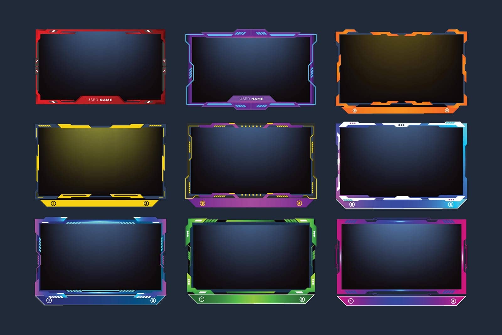 Futuristic gaming frame border bundle with purple, red, and yellow colors. Modern gaming screen panel and frame border set with neon effect. Live and streaming screen interface collection for gamers.
