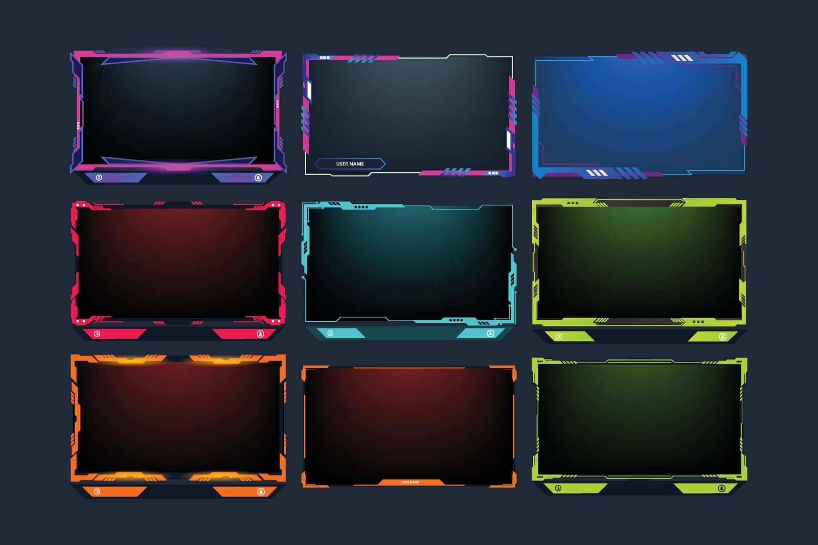 Live streaming and gaming frame bundle design with neon effect. Broadcast screen overlay set vector with green, yellow, and purple colors. Futuristic online gaming overlay vector collection.