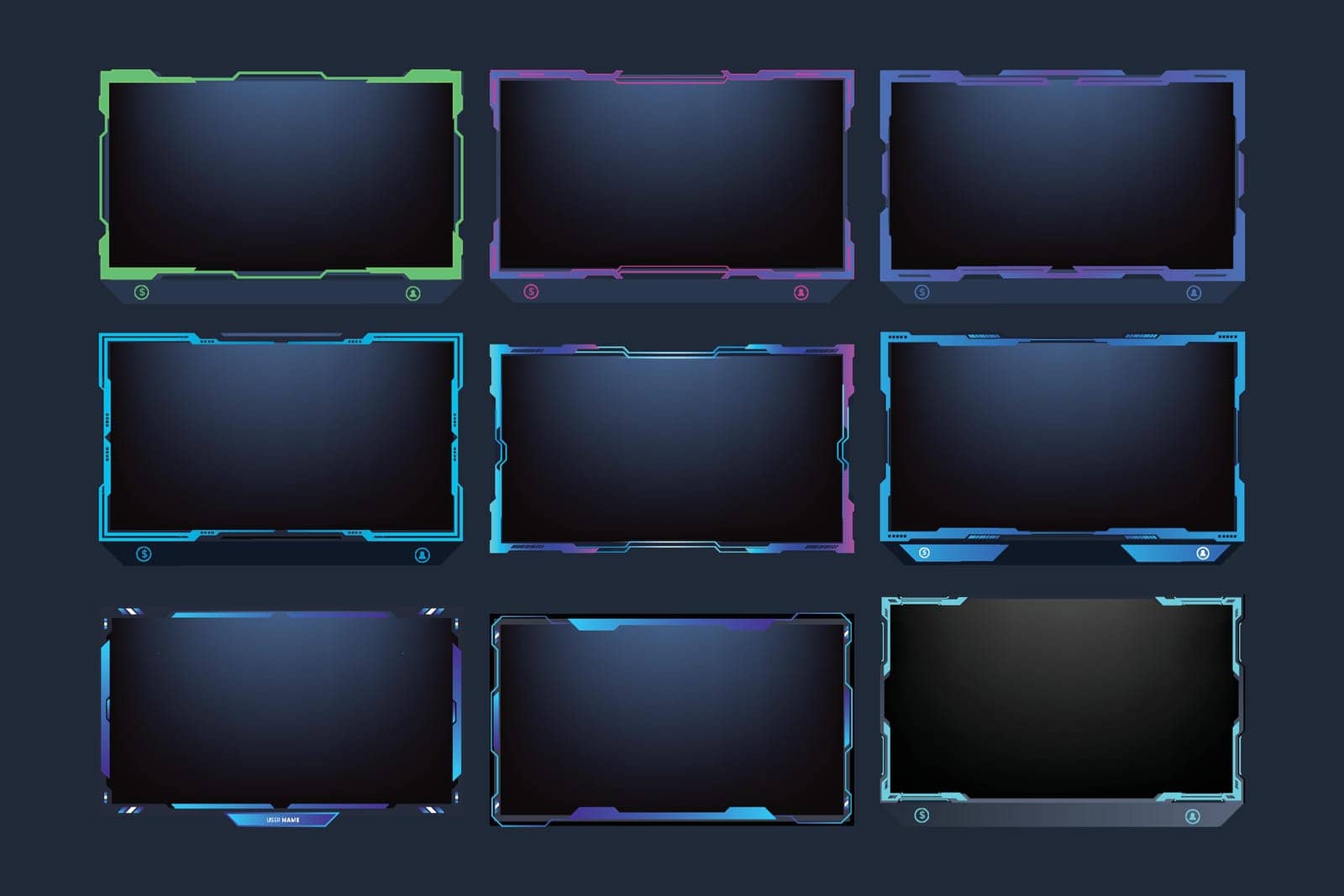Simple streaming overlay and screen interface set design with blue, purple, and green colors. Live streaming overlay bundle vector. Modern gaming frame design collection on a dark background.
