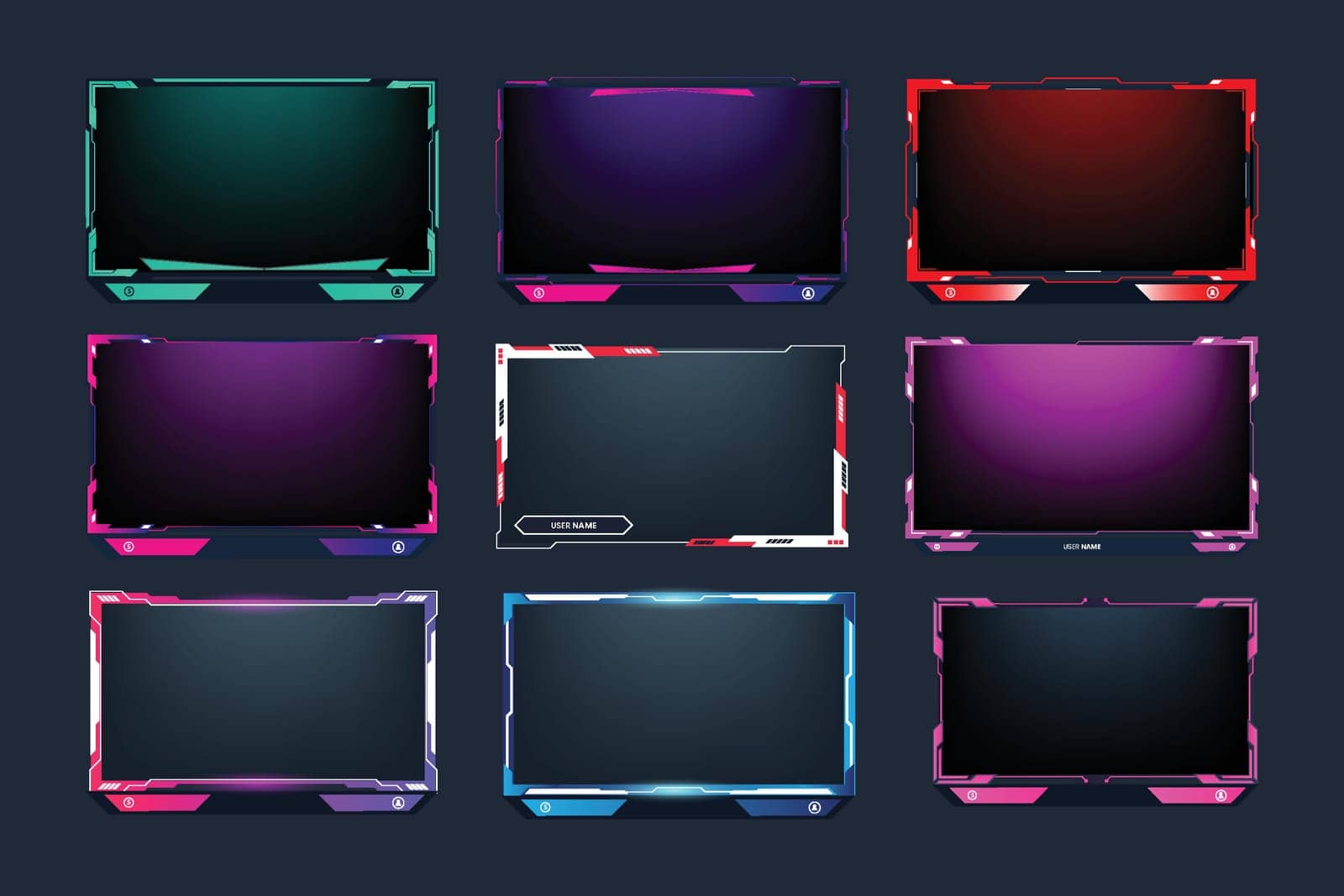 Streaming overlay vector collection on a dark background. Gaming screen panel set design with pink, blue, and red colors. Unique broadcast screen border bundle design for online gamers.