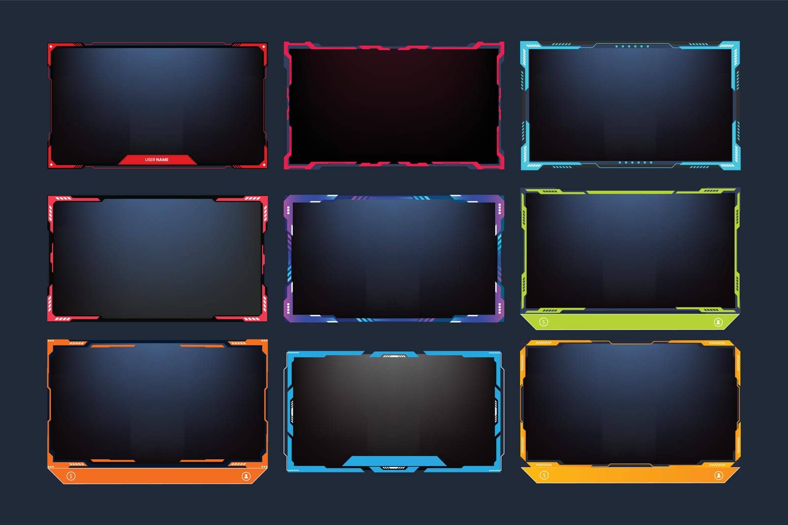 Futuristic stream overlay set vector. Broadcast screen interface bundle design for live streaming screens. Online gaming overlay vector collection with yellow, red, and blue colors on dark background.