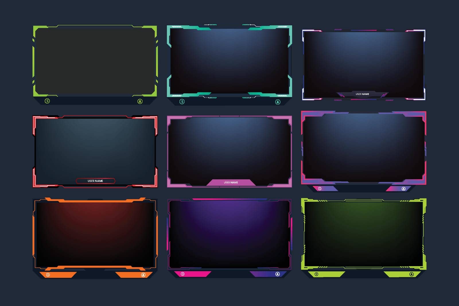 Live streaming overlay design collection for screen panels. Futuristic green, purple, and orange gaming overlay bundle for online gamers. Live stream overlay set vector with colorful buttons.