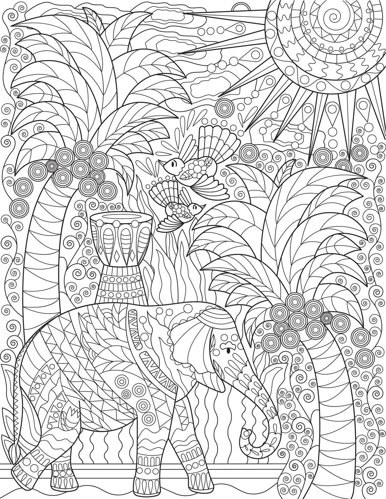 Large Elephant Walking Tall Coconut Trees Birds Flying Line Drawing.
