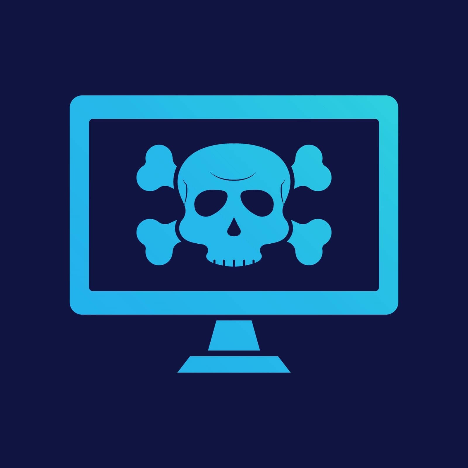 Virus Alert Icon. Computer with Virus. Cyber Attack Alert Icon with Skull. Phishing Scam concept. Hacker Attack, Phishing and Fraud. Vector illustration.