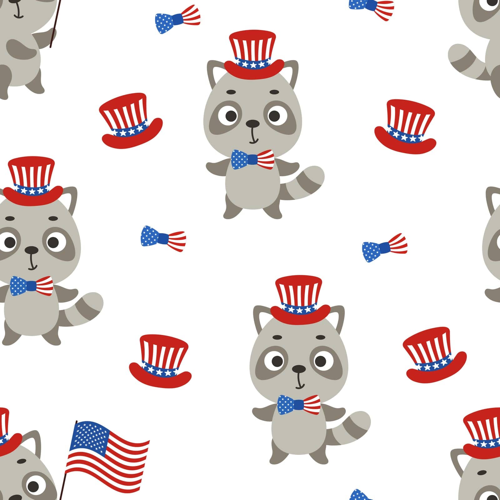Cute little raccoon in USA patriotic hat seamless childish pattern. Funny cartoon animal character for fabric, wrapping, textile, wallpaper, apparel. Vector illustration