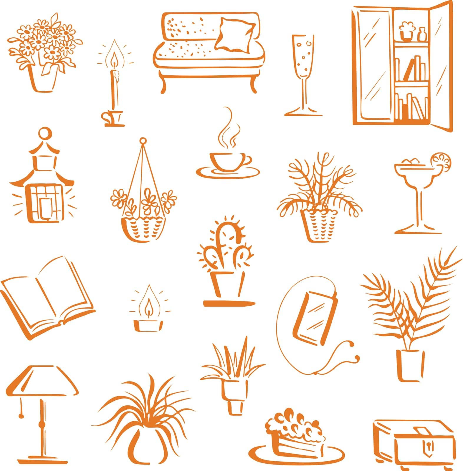 Home hygge, relax mood. Hand-drawn brush doodles of couch or sofa, house plants, book and tablet with earbuds, tealight and candle, cake or pie and drinks - tea, wine, and cocktail