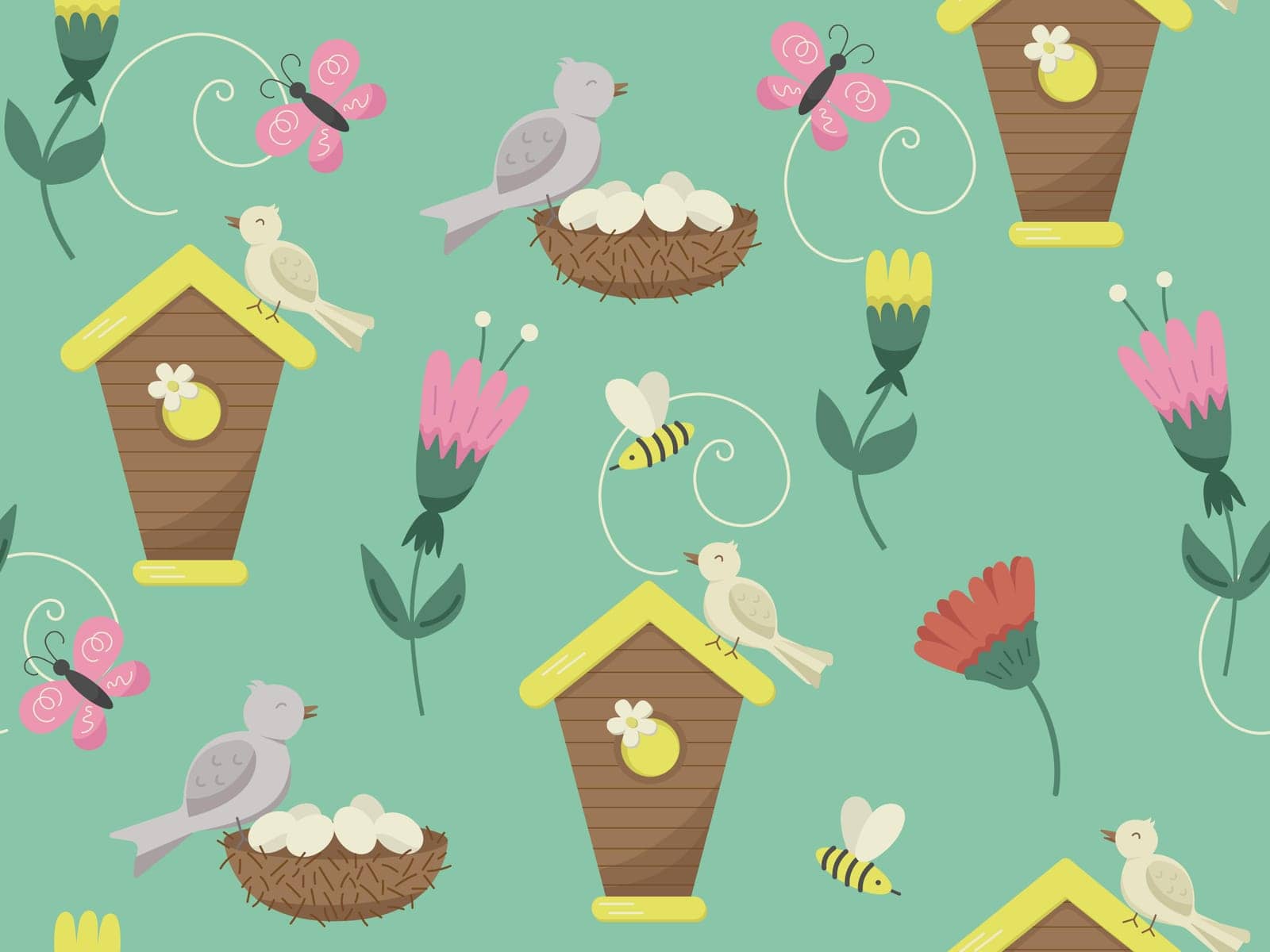 Cute bird houses and flowers background. Vector cartoon seamless pattern with bird houses and nests. by annagraphics