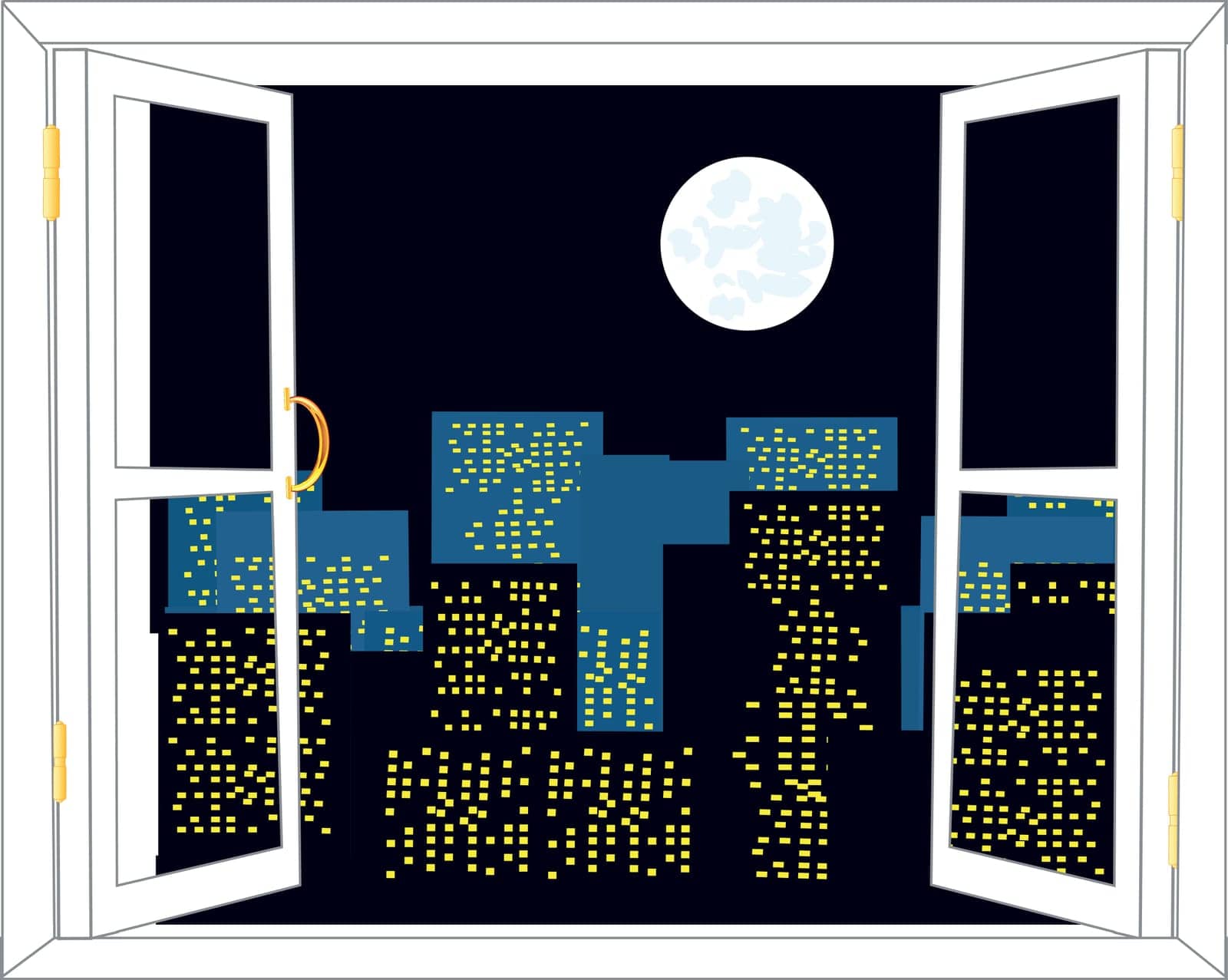 Vector illustration of the city moon in the night from window