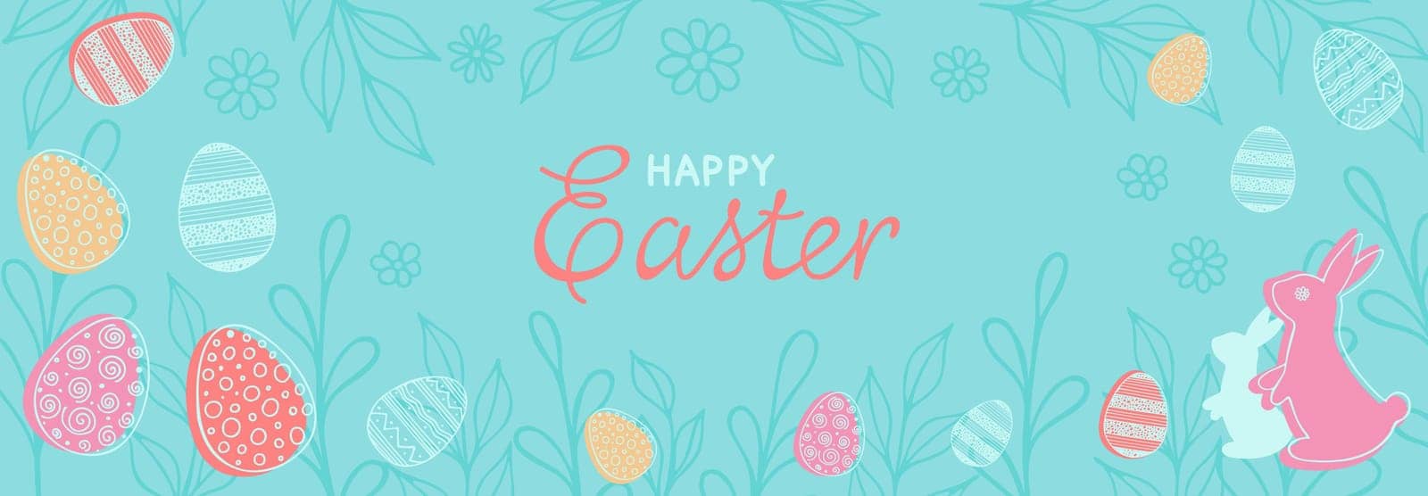 Happy Easter banner. Hand drawn vector illustration with rabbit, eggs, twigs, flowers and lettering for paty Easter design in pastel colors. Good for horizontal poster, greeting card, header for website.