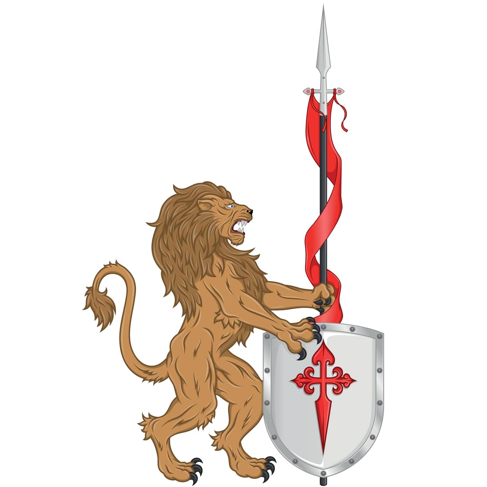 Vector design of rampant lion with medieval pennant and shield, Armed lion with spear and shield, heraldic symbol of European Middle Ages