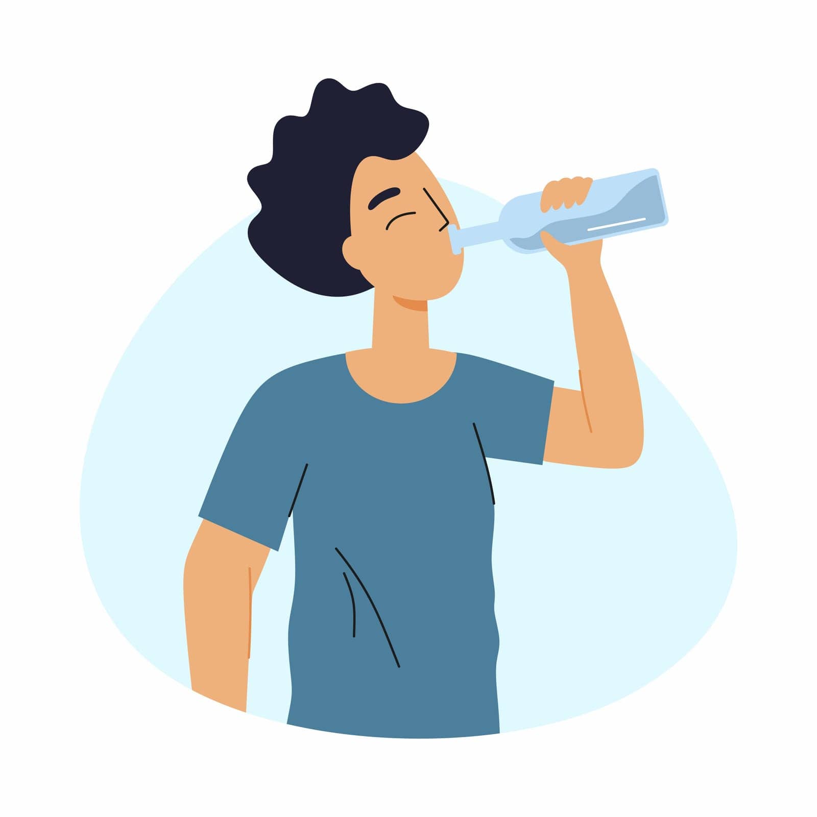 Man drinks wine from glass bottle. Alcohol dependence. Vector character in flat style.