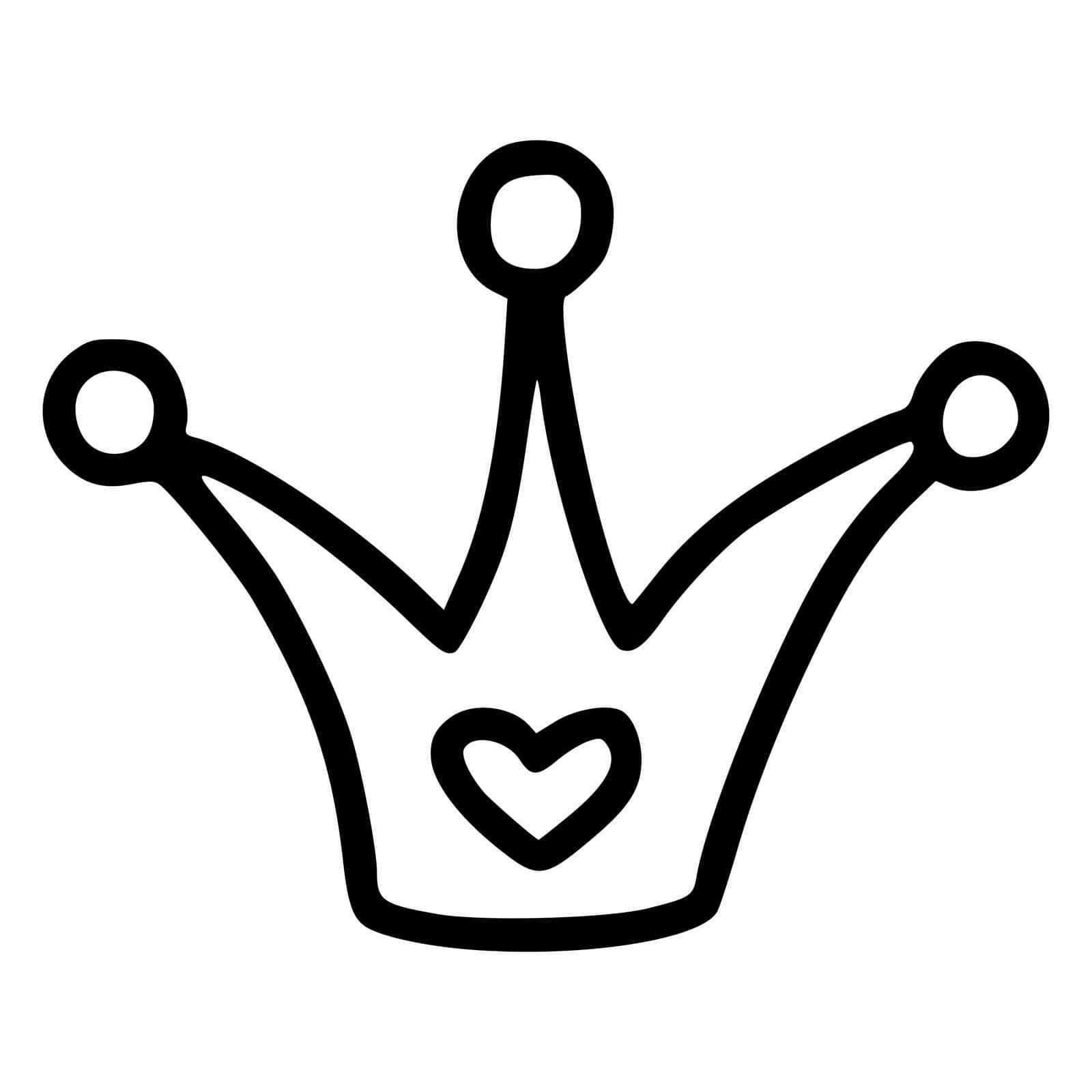 Crown in style of doodles. Accessory of princess and queen. Vector icon for children coloring pages.