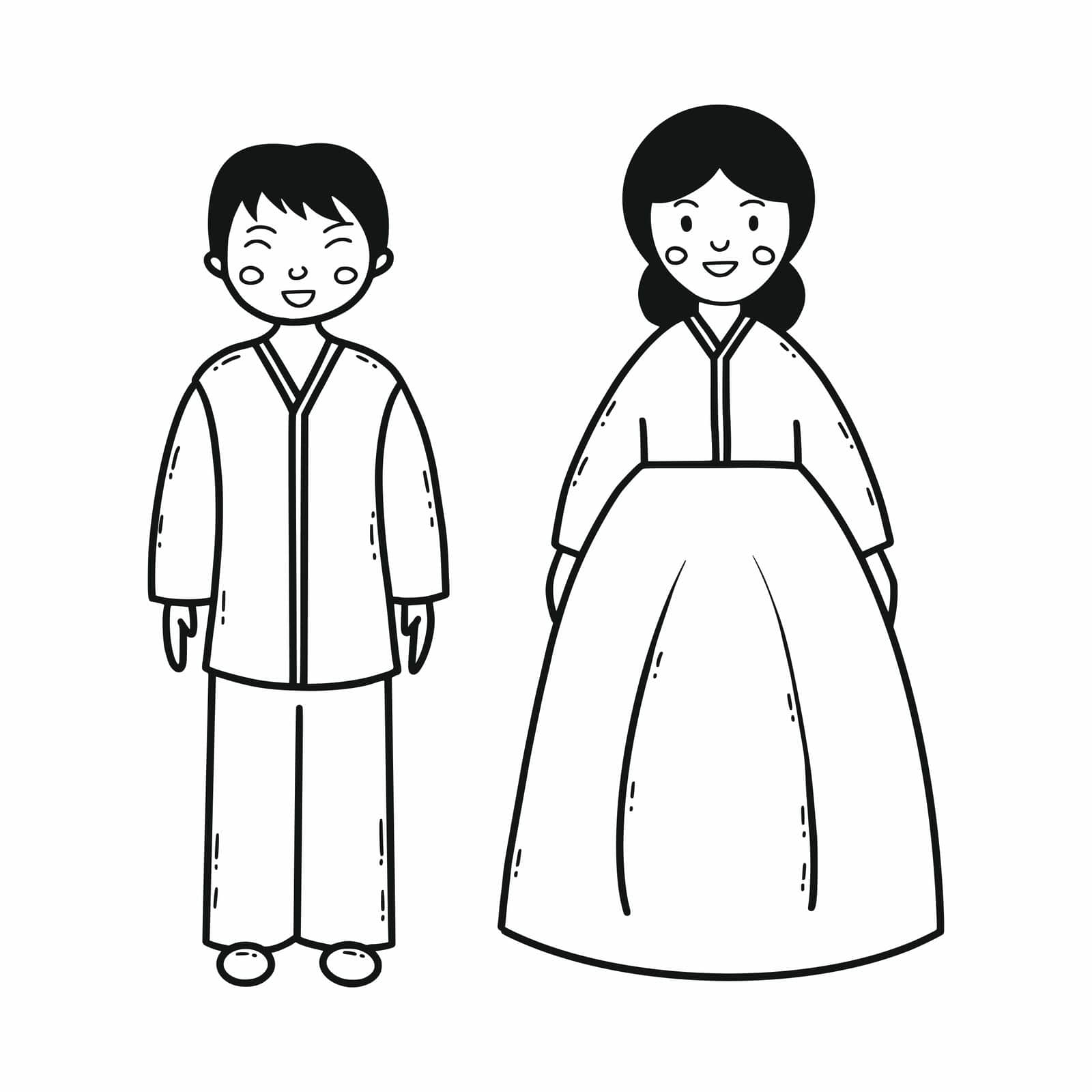 Man and woman with Asian appearance. Hanbok. Traditional Korean clothes. Vector doodle illustration. Character. by polinka_art