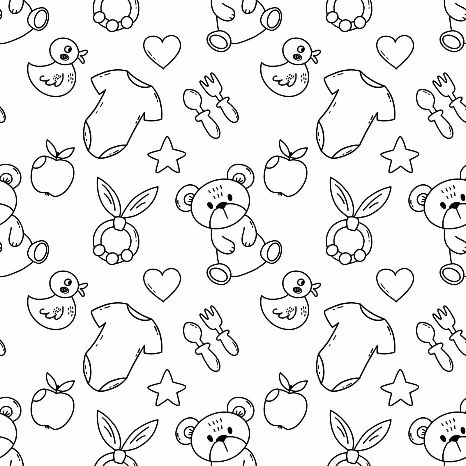 Seamless children's pattern for sewing clothes and printing on fabric. Background newborn. Cute bear. Toys baby. Hand drawn wallpaper.