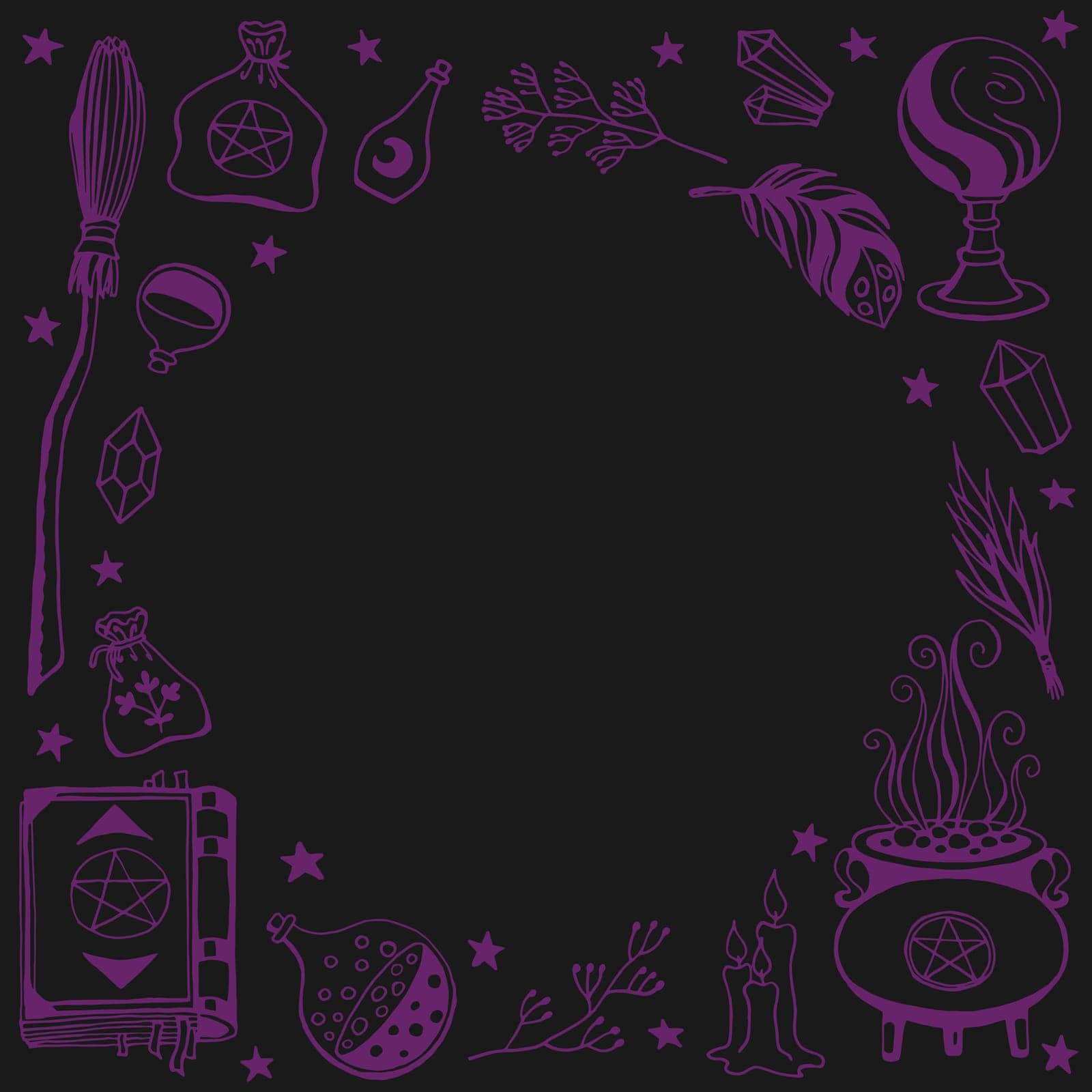 Witchcraft, magic background for witches and wizards. Hand drawn magic tools, concept of witchcraft.