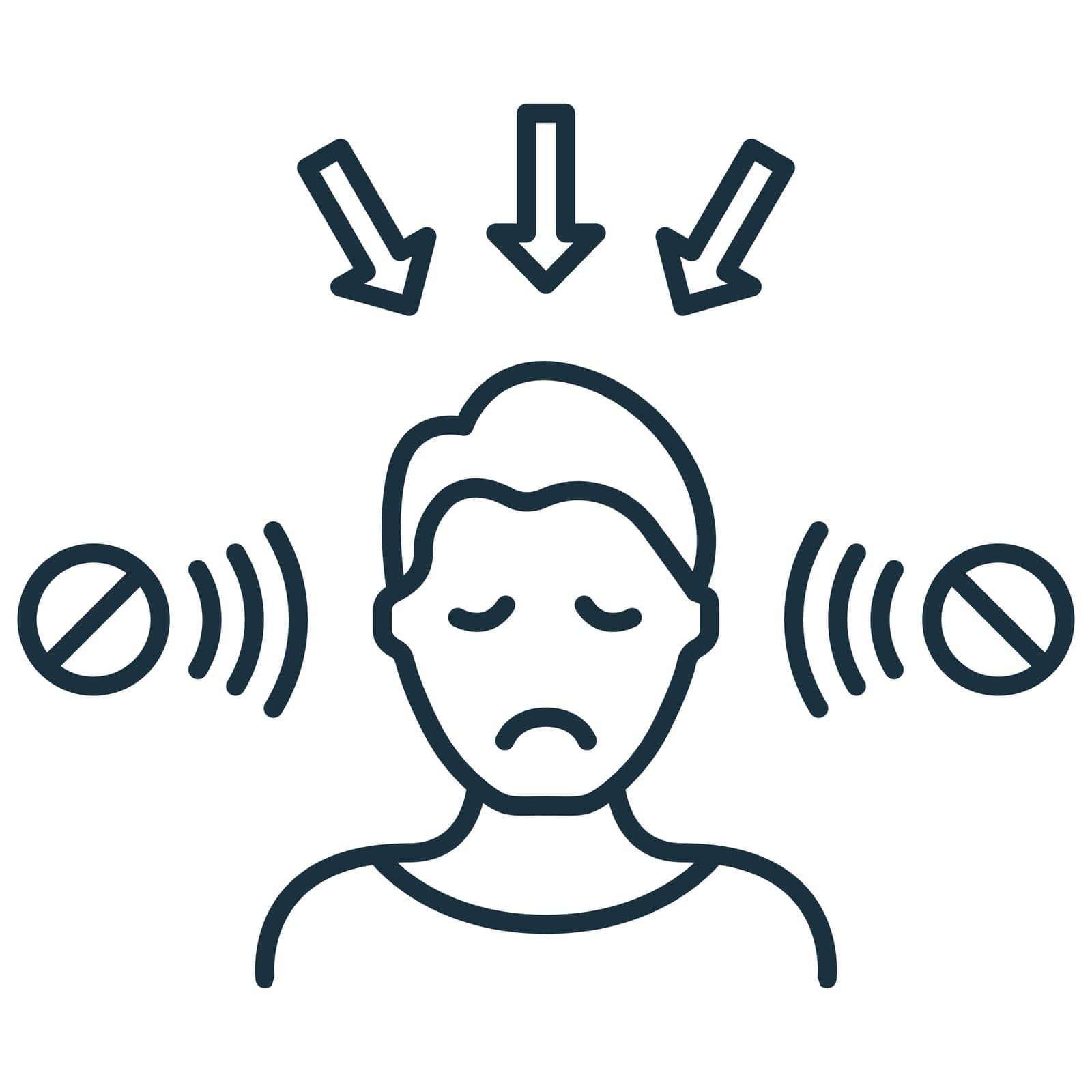 Social Bad Influence on Man Line Icon. Negative Impact from Media and Internet Linear Pictogram. Depressed, Upset Man under Bad Influence Outline Icon. Editable Stroke. Isolated Vector Illustration.