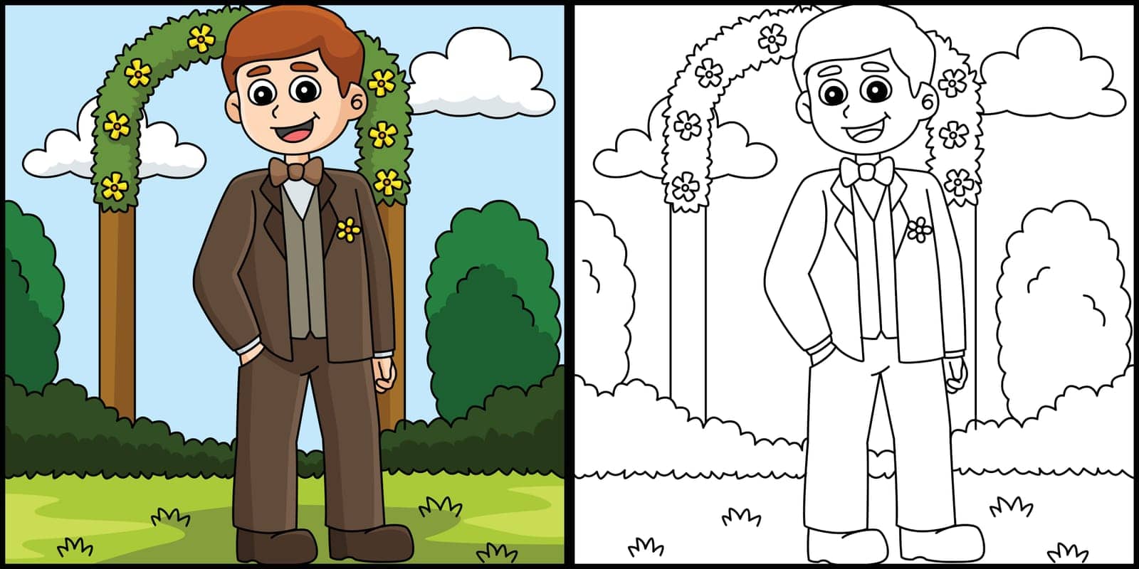 This coloring page shows a Wedding Groom And Bride. One side of this illustration is colored and serves as an inspiration for children.