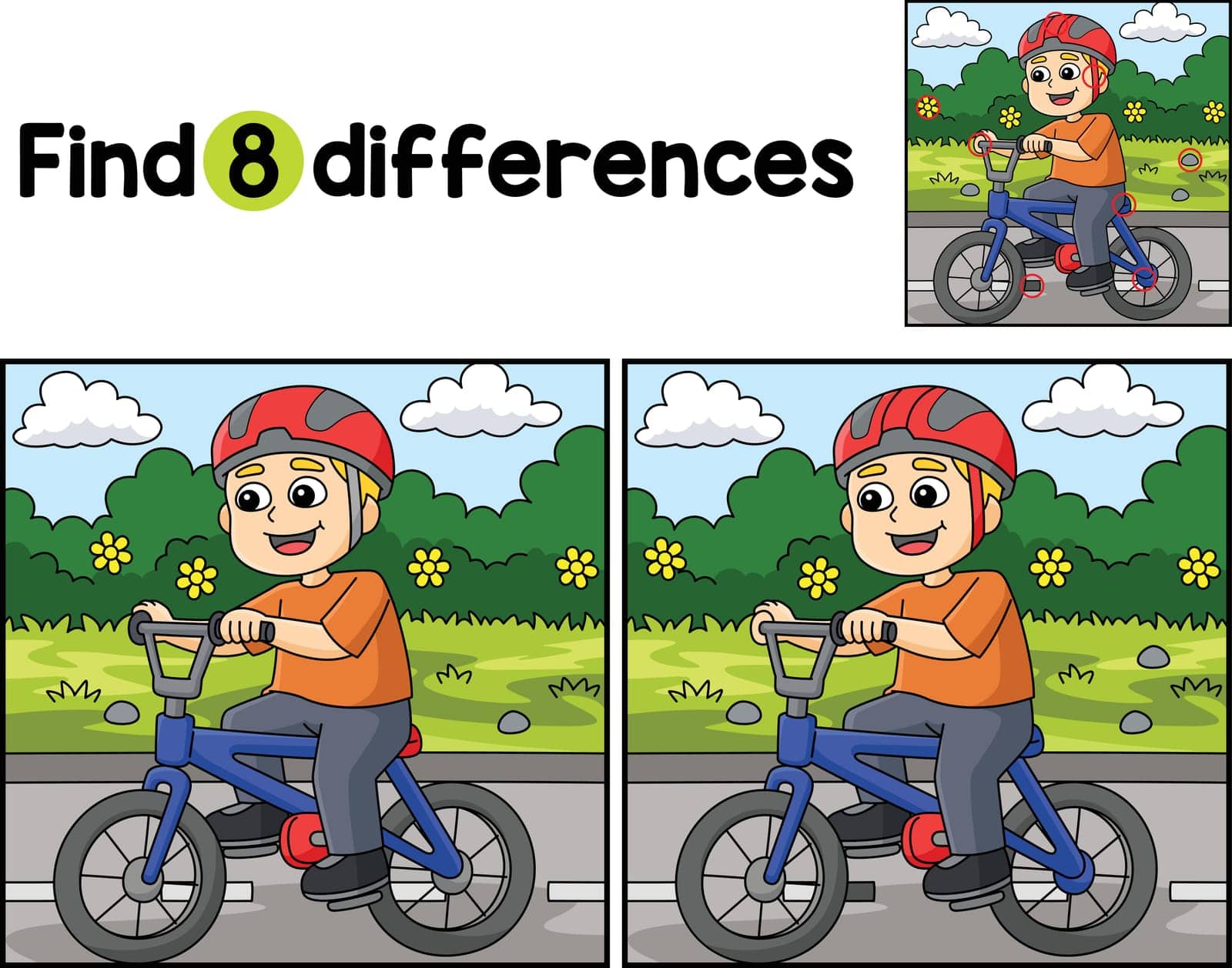 Find or spot the differences on this Boy Biking kids activity page. A funny and educational puzzle-matching game for children.