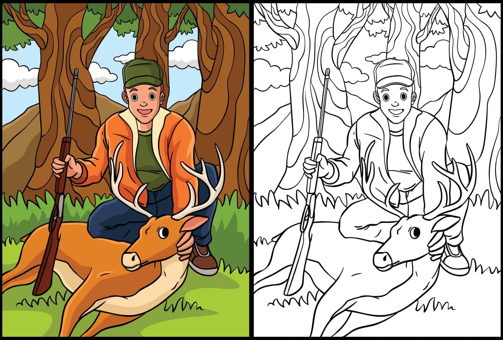 This coloring page shows Deer Hunting. One side of this illustration is colored and serves as an inspiration for children.