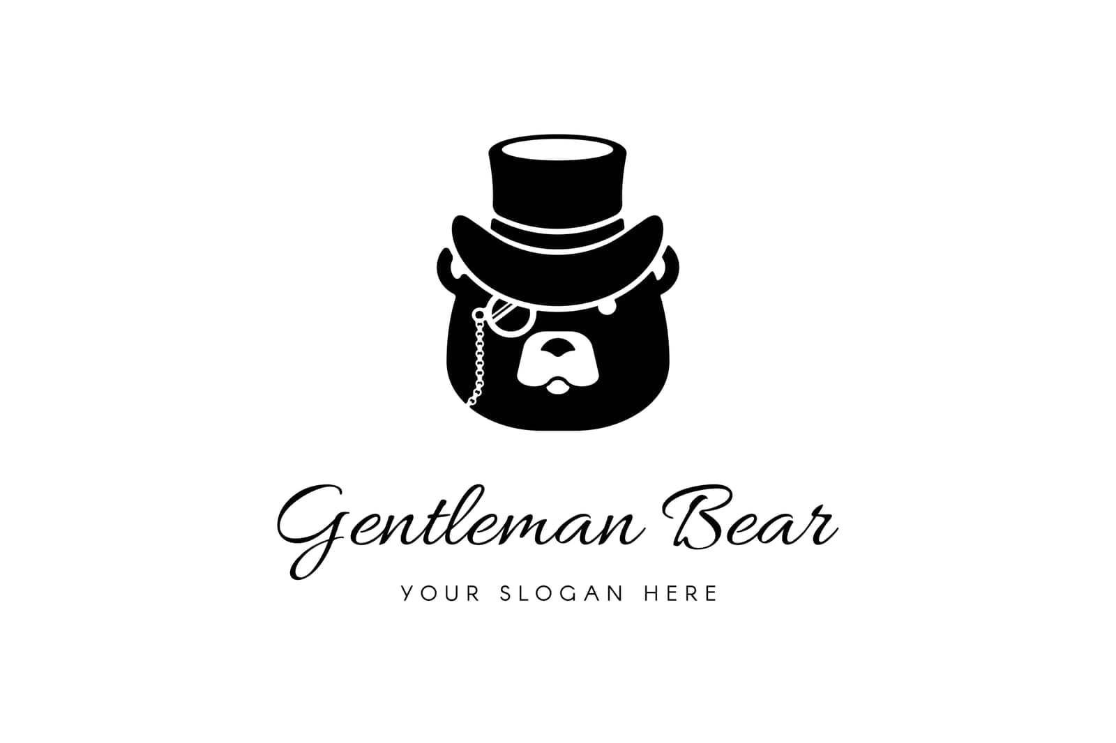 Logo of business brown grizzly bear in top hat and monocles, pincenez. Symbol emblem for design decoration, brand name of legal business company. Simple black and white vector isolated on white back