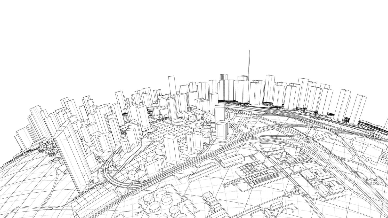 3d city sphere. Vector rendering of 3d. Wire-frame style. The layers of visible and invisible lines are separated