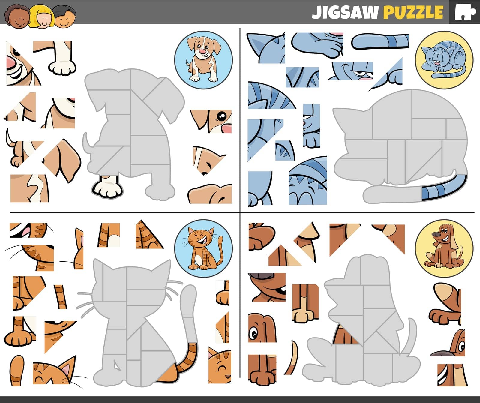 Cartoon illustration of educational jigsaw puzzle games set with cats and dogs animal characters