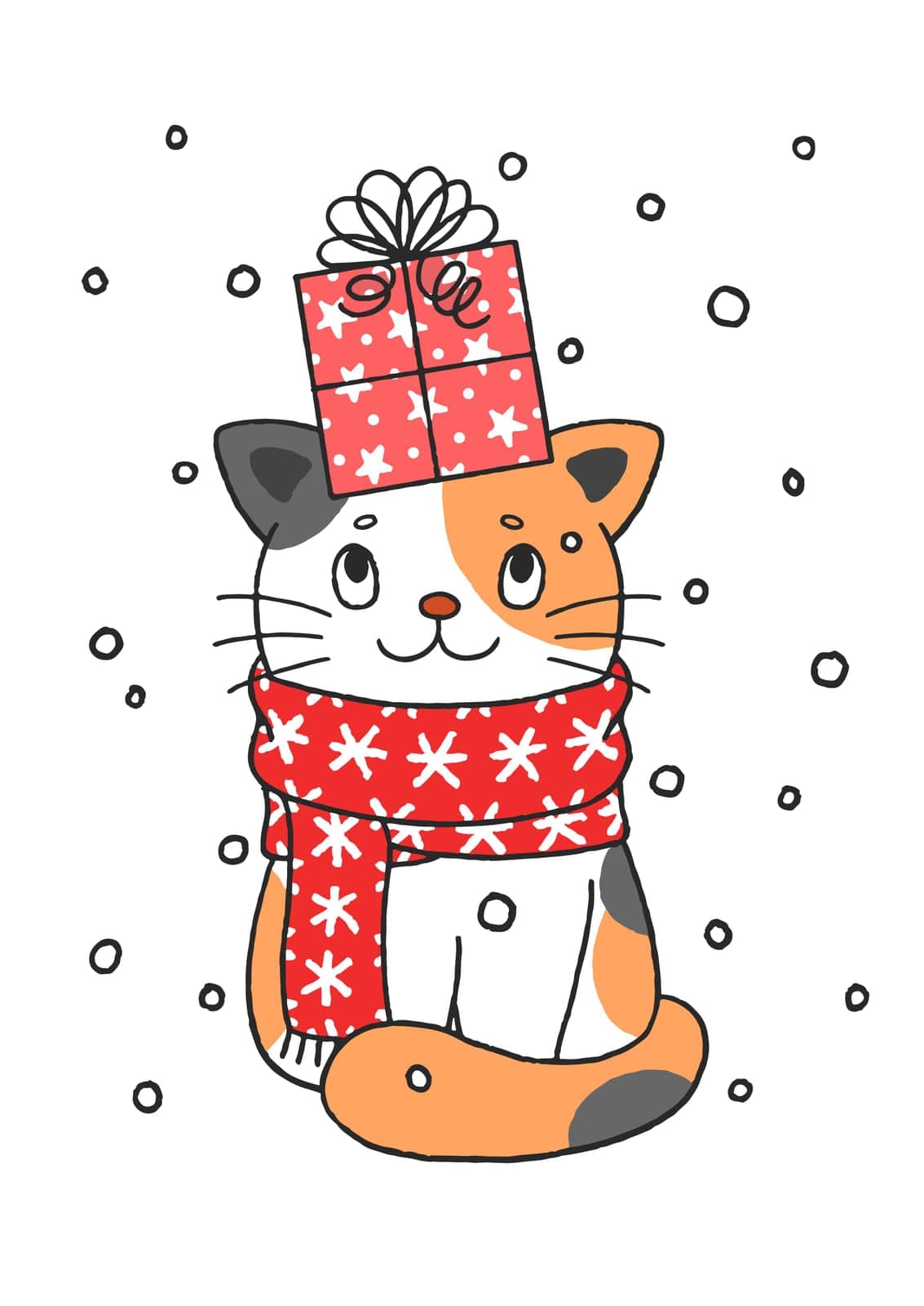 Cute Hand Drawn Christmas Kitty Cat With Present Box