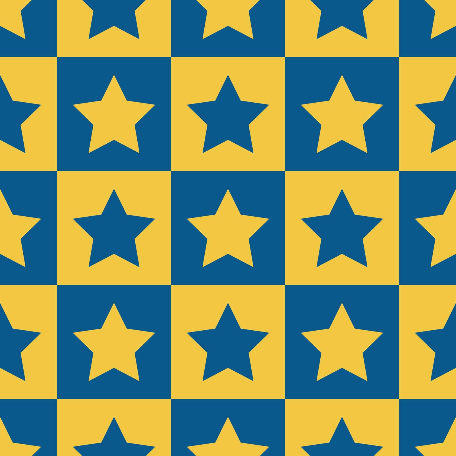 Pattern with stars. Seamless pattern with the image of blue and yellow stars in a square. Star pattern for the print. Vector.