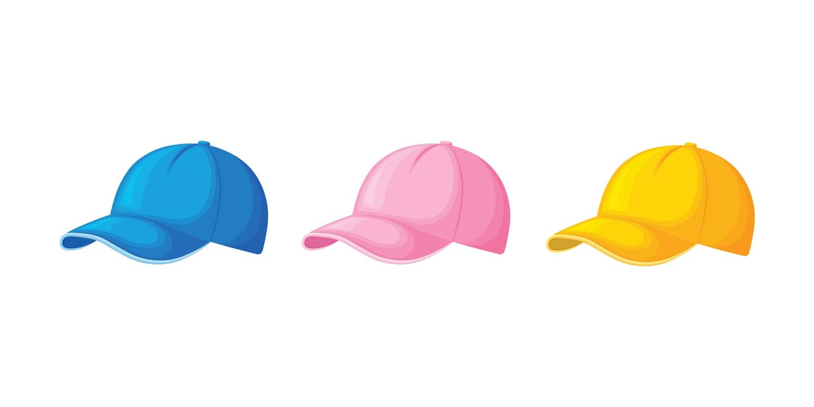 Baseball caps set. Blue yellow and pink beanie. Cartoon-style baseball caps. Headdress. Vector illustration isolated on a white background.