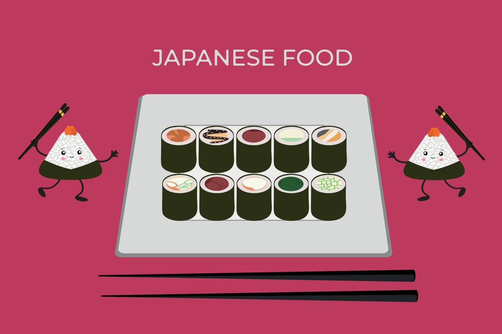 Vector illustration of Onigiri and sushi in the style of kawaii. Flat style by Olga_OLiAN